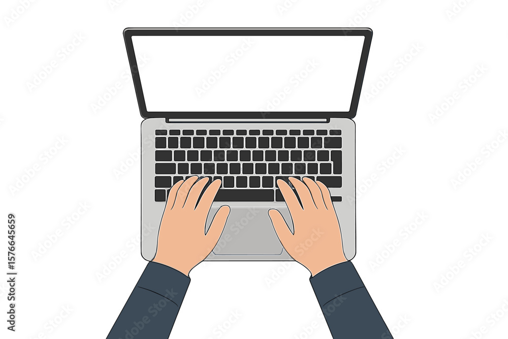 Poster top view of hands typing on a modern laptop computer keyboard. person working, writing or programmin