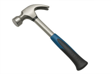 Blue-handled claw hammer resting on clean white surface, showcasing sleek design with metallic hammer head and contrasting handle
