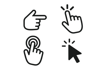 Hand click vector icons set, website and computer interface buttons, illustration for graphic and web design, vector symbols collection, pointer, clicking finger, mouse click