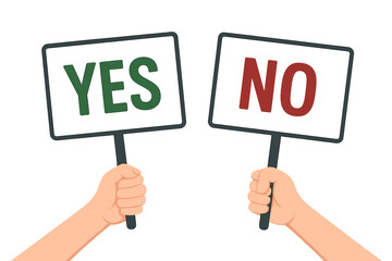 Human hands holding Yes and No banners, affirmative and negative decision signs, concept of choice, agreement and disagreement, approval and refusal, business communication symbols