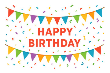 Happy Birthday Banner Vector, Colorful Party Flags Garland, Confetti Celebration Background, Festive Event Decoration, Birthday Party Invitation, Carnival Bunting, Multicolored Festive Design