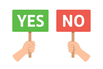 Voting Decision Concept. Hands Holding Yes and No Signs. Choice, Dilemma, Approval or Rejection, Test Question, Dispute, Right to Vote, Positive and Negative Placard, Decision Making