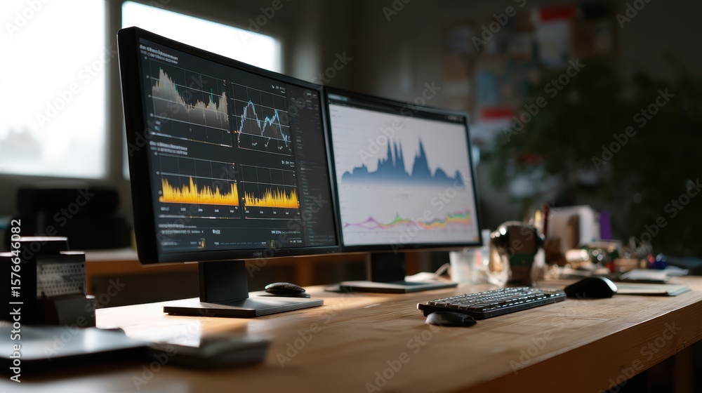 Leinwandbilder dual monitor setup displaying graphics card performance benchmarks in an office environment
