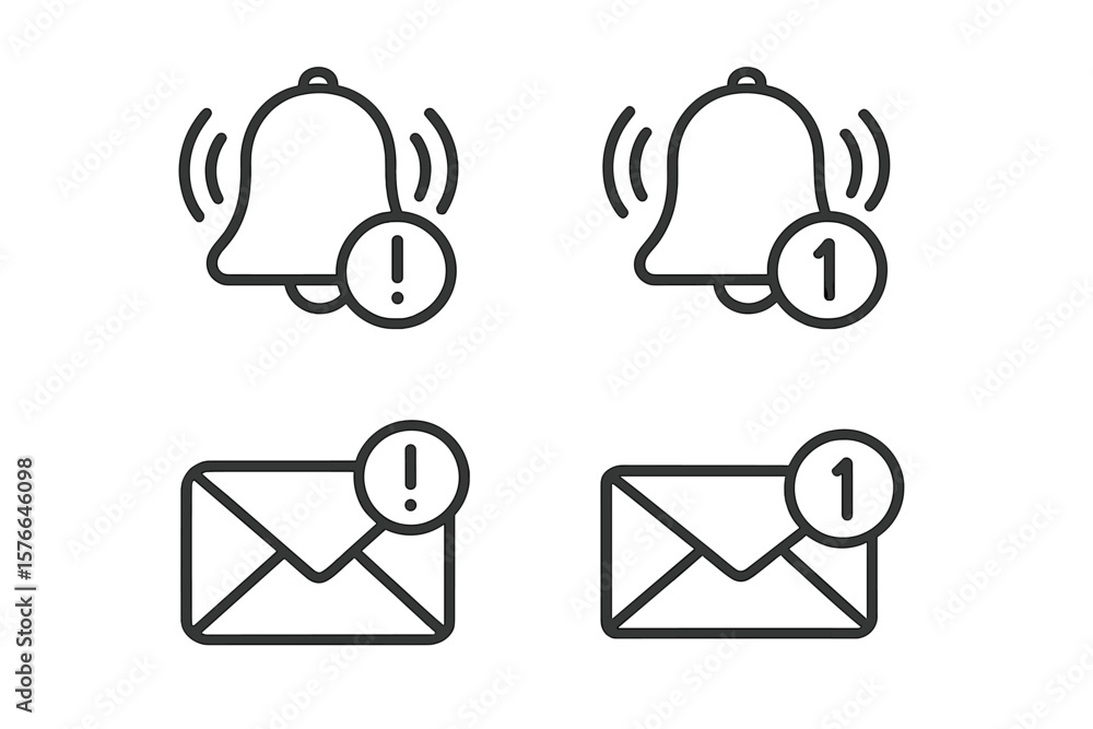 Poster notification bell and email alert icons set. new message notification, alarm symbol, inbox alert, ex