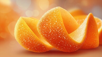 Close-up of peeled orange slices with water droplets,  soft-focus background