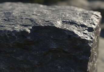 Close-up view of a dark gray rock with rough texture, showing its sharp edge under sunlight.