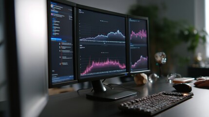 Fototapeta premium Multi-screen graphics card benchmark display with performance charts