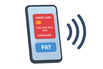 Mobile payment concept. Smartphone with credit card on screen, wireless NFC contactless transaction, online shopping, e-payment, digital banking, finance app, pay by card