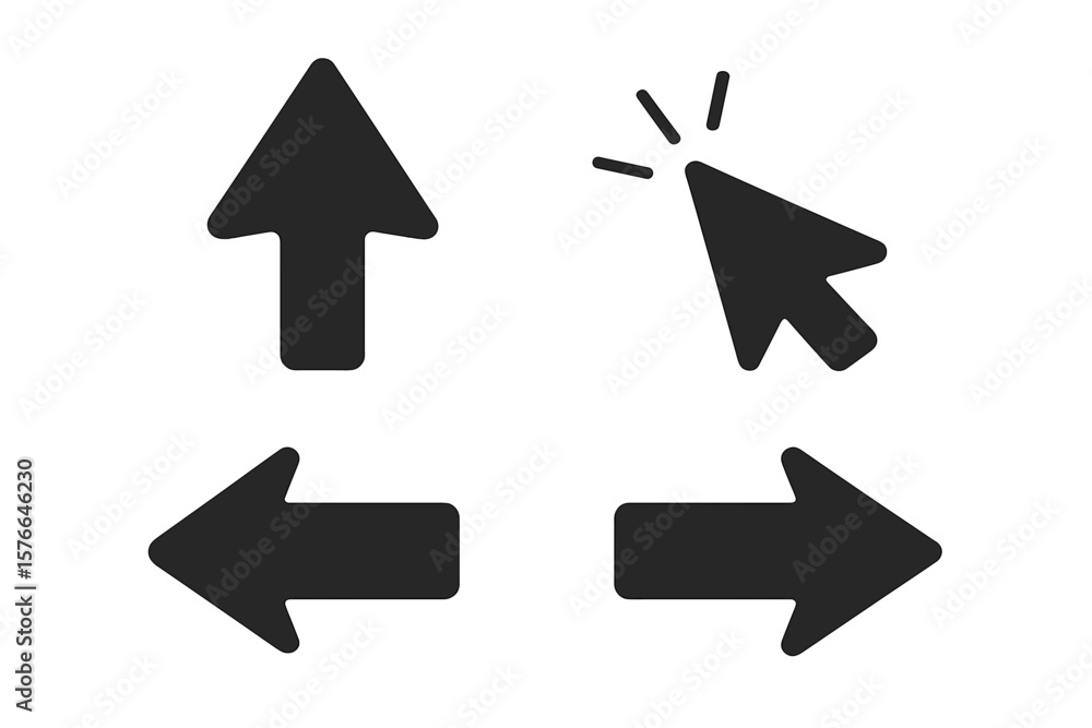 Poster modern black arrow and cursor icon set for web design. bold directional arrows, click pointer, navig