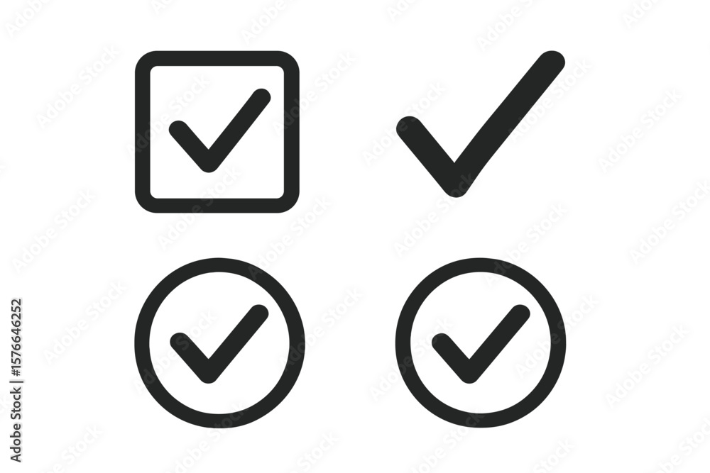 Poster set of 4 check mark icons, done symbols, checkbox icons, profile verification marks, vector checklis
