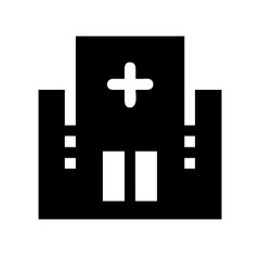 Simple Black Silhouette Hospital Building with Cross Sign Icon Graphic