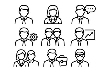 Business People Teamwork SEO Optimization Icon Set. Editable Stroke Vector Illustration. Office Staff, Management, Communication, Analytics, Growth, Collaboration, Success, Transparent Background
