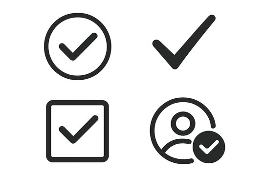 Set of 4 check mark icons, done symbols, checkbox icons, profile verification marks, vector checklist marks, user approval icons, web and app UI elements, confirmation symbols