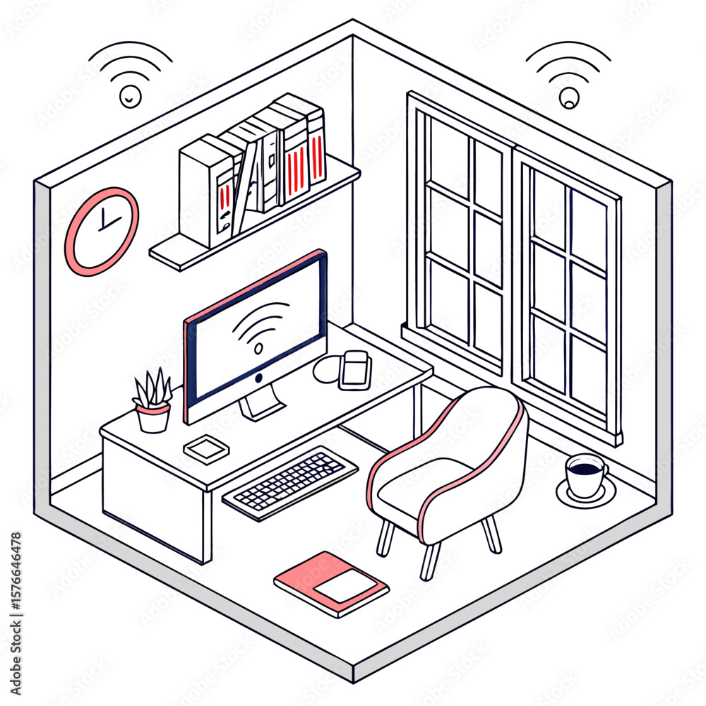 Poster cozy isometric home office setup with a computer displaying wi fi signal a comfortable chair desk ke