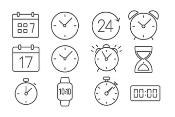 Thin Line Time and Clock Icons Set. Calendar, Analog Clock, 24 Hour Symbol, Alarm, Stopwatch, Timer, Sand Hourglass, Digital Watch. Time Management, Deadline, Date Concept