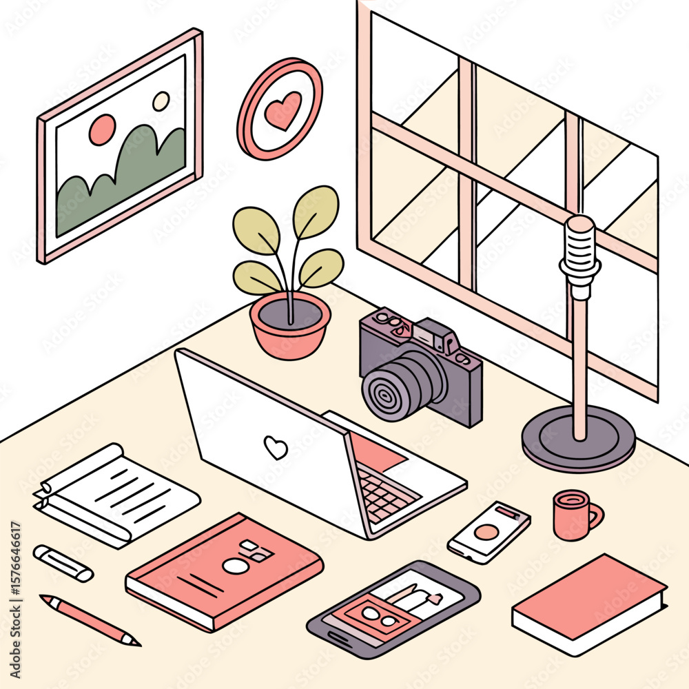 Poster isometric view of a desk with laptop camera microphone plant books and other objects in a cozy works
