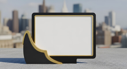 Monumental Stone with Embedded Black Screen and Golden Frame in a Dramatic Landscape