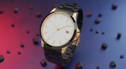 Elegant Gold and Black Watch on a Colorful Abstract Backdrop