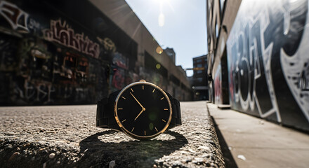 Luxury wristwatch on urban street with graffiti in the background