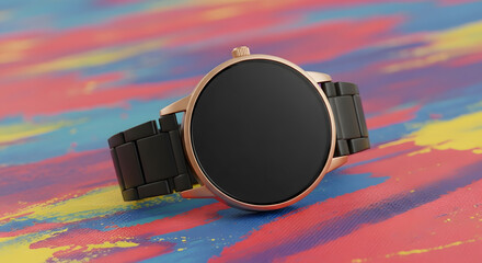 Rose Gold Smartwatch with Black Band on Abstract Colorful Surface
