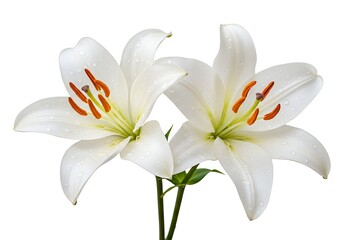 Obraz premium Two white lilies with water droplets isolated on white background