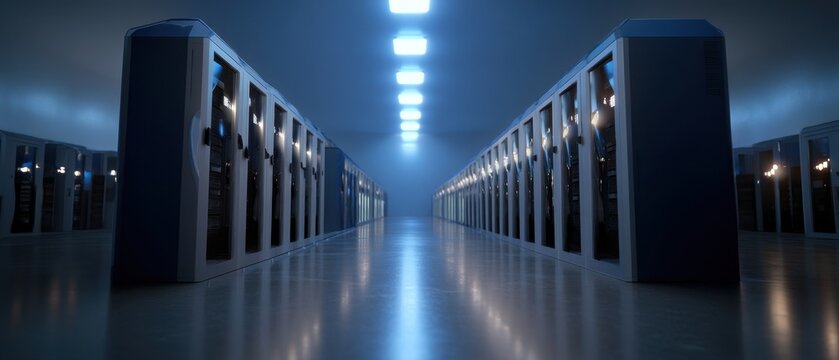 Modern render farm server room with blue lighting for high-performance graphics processing