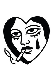 Emotional heart-shaped face with cigarette and tear drop illustration
