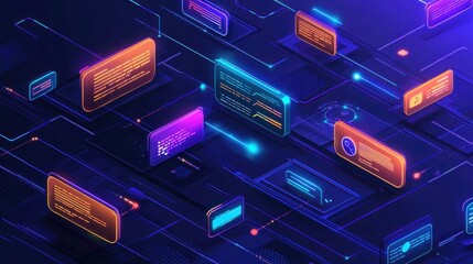 Futuristic Digital Interface with Glowing Data Cards and Lines