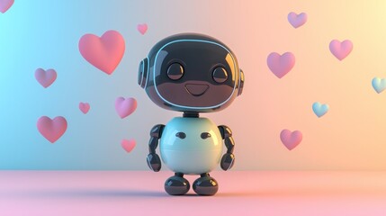 Cute Robot Character Surrounded By Colorful Hearts on a Soft Background