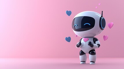 Cute Robot Character Expressing Love with Heart Icons on Pink Background
