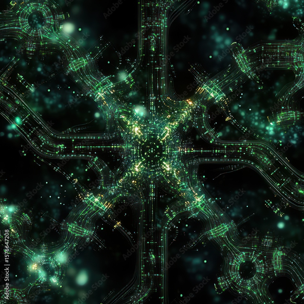 Poster futuristic digital network with glowing green interconnected circuits and bright particles resemblin