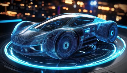 Futuristic blue holographic sports car wireframe rotating on digital platform with city lights in background