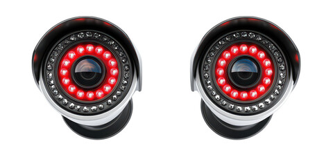 Two security cameras with red lights on transparent png photo