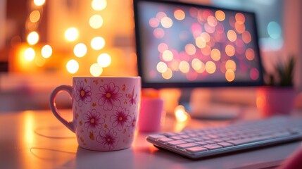 Cozy Workspace with Flower Mug and Blurred Computer Screen