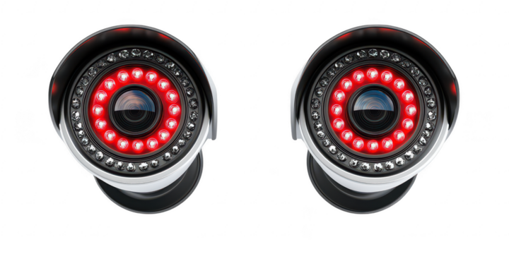 Two security cameras with red lights on transparent png photo - Powered by Adobe