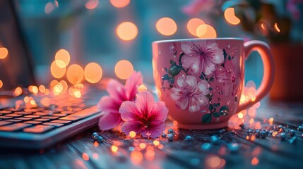Cozy Coffee Moment with Floral Mug and Soft Ambient Lights