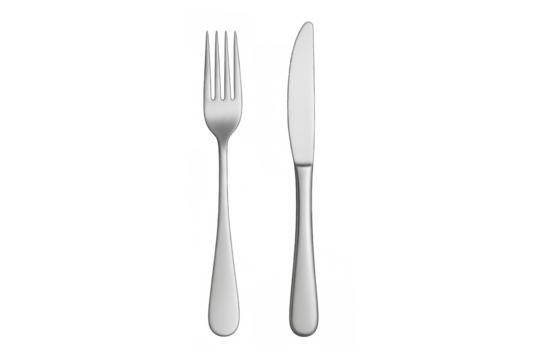 Silver fork and knife isolated on a transparent background, perfect for illustrating dining, restaurants, or meal preparation concepts - Powered by Adobe