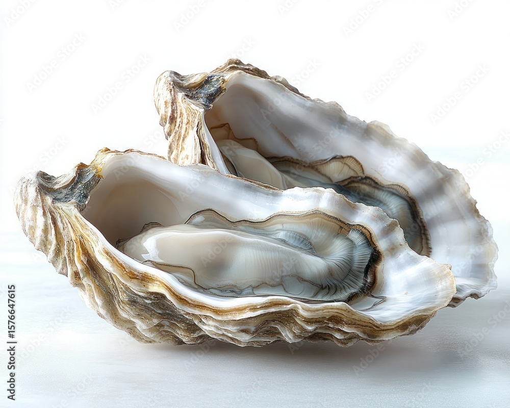 Poster close-up of two open oyster shells with smooth, shiny interiors and textured, layered outer edges re
