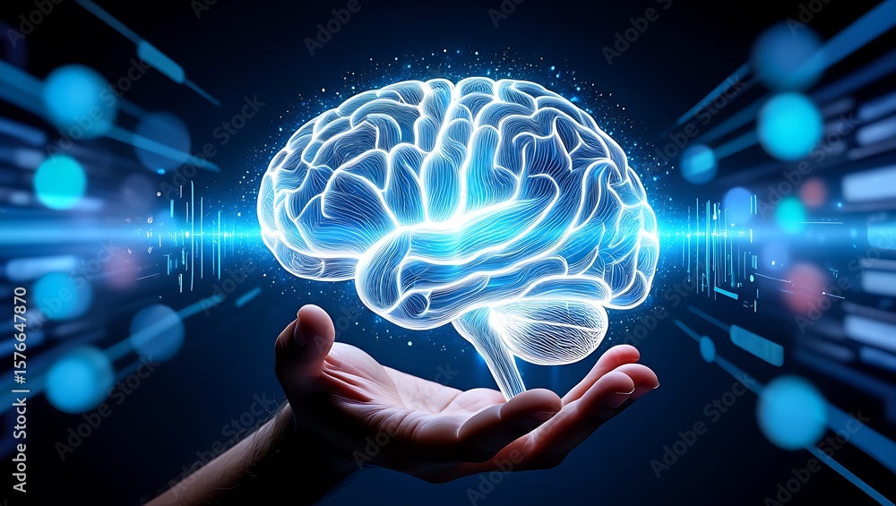 Poster brain power: a digital representation of intelligence on a hand, exploring intelligence: a brain in 