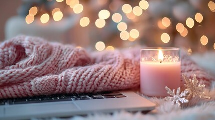 Cozy Winter Scene with Laptop, Candle, and Soft Knit Blanket