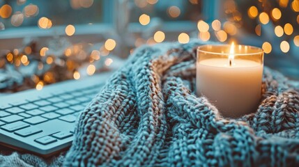 Cozy Indoor Scene with Candle, Knit Blanket, and Soft Lighting