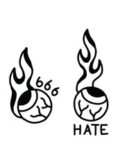 Flaming eyeballs with 666 and HATE, black and white