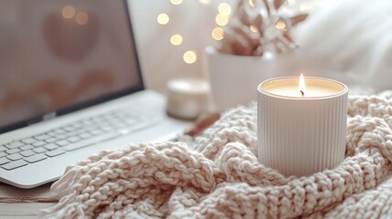 Cozy Workspace with Candle and Soft Knit Blanket on Desk
