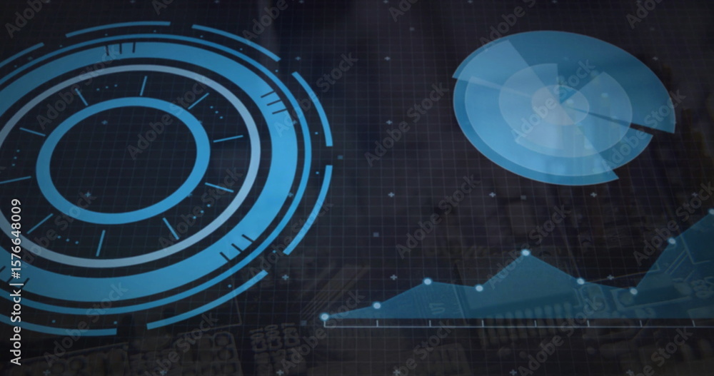 Poster displaying concentric hud element on grid interface, with pie chart, line graph, glowing data dots