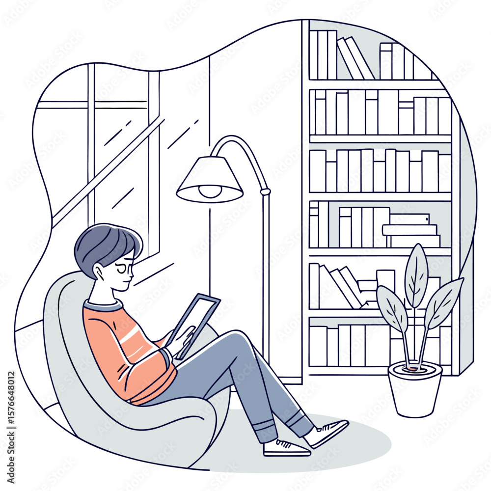 Poster illustration of a person sitting in a chair using a tablet with a bookshelf and lamp in the backgrou