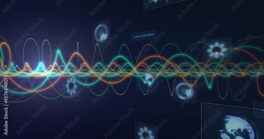 Poster displaying neon waveforms across dashboard panels with gear icons, circular arrows and globe icon