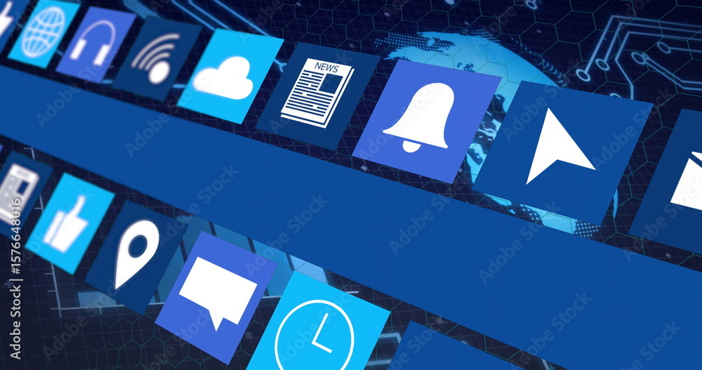 Poster floating blue panels displaying white interface icons in virtual 3d space, digital interface theme