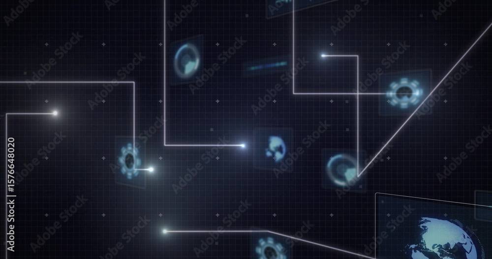 Poster displaying digital interface on grid with gridlines, glowing node connections and tech icons