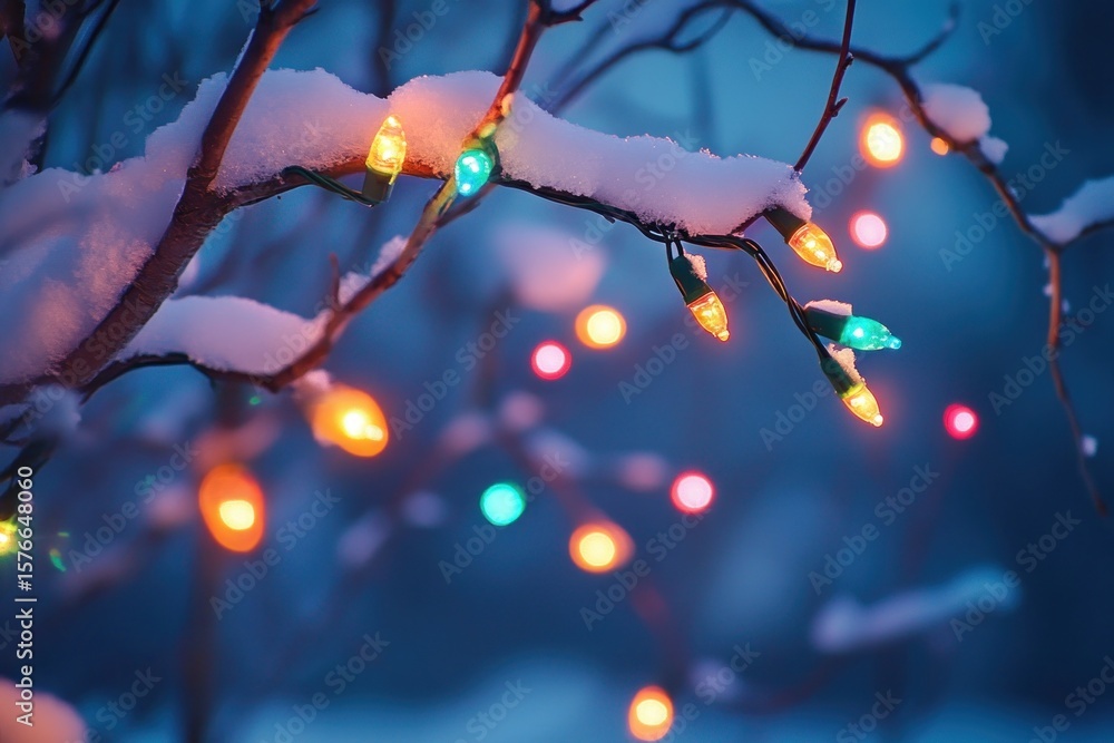 Poster snow-covered tree branches adorned with colorful glowing holiday lights creating a warm and festive 