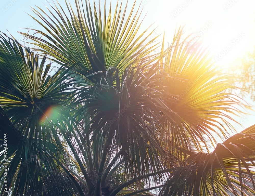 Poster sunlight shining through green palm tree leaves creating a warm and bright tropical atmosphere with 